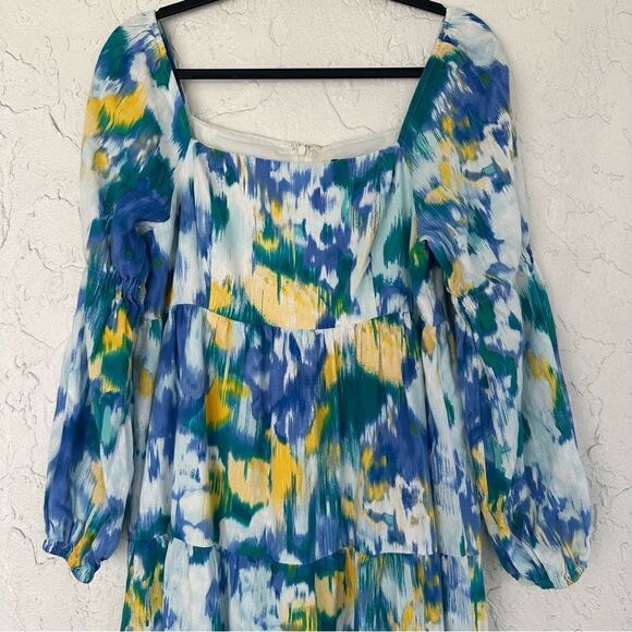 DONNA MORGAN Linen Floral Midi Dress 10 Puff Sleeve Square Neck Bohemian Prairie - Picture 6 of 11